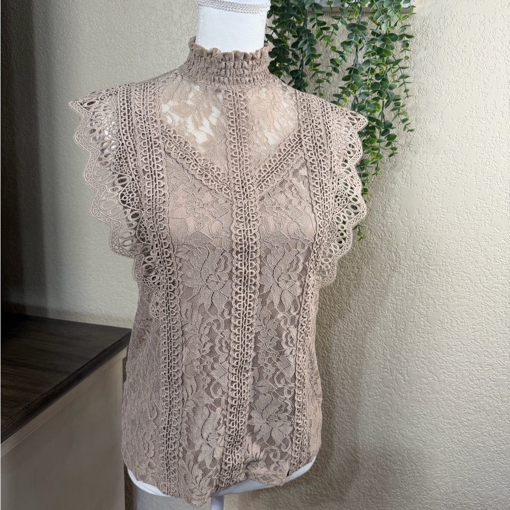Cable & Gauge Lace High Neck Blouse - Brown